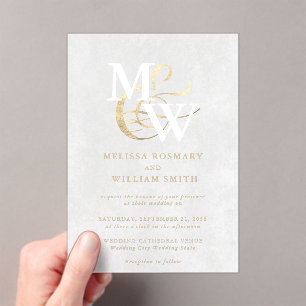 Invitaciones Acrílicas Elegante Boda de oro en monograma de vidrio del ma