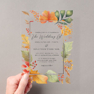 Invitaciones Acrílicas Elegante Boda de Otoño con Acuarela de Hojas