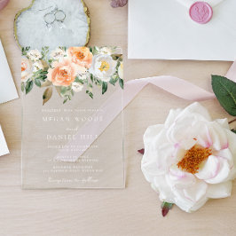Invitaciones Acrílicas Elegante Boda de Peach y Floral Blanca