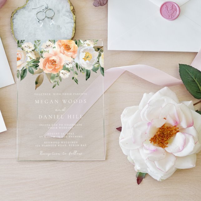 Invitaciones Acrílicas Elegante Boda de Peach y Floral Blanca (Subido por el creador)