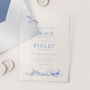 Invitaciones Acrílicas Elegante Boda de Playa Chic Costera Azul