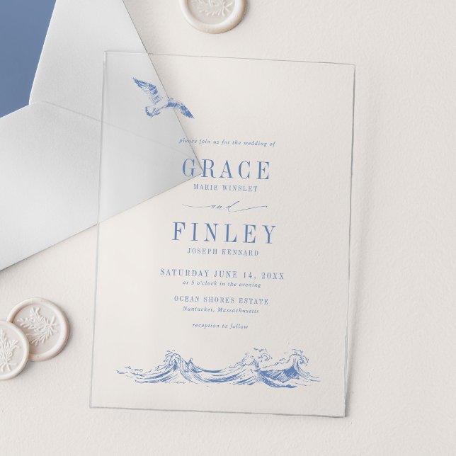 Invitaciones Acrílicas Elegante Boda de Playa Chic Costera Azul (Subido por el creador)