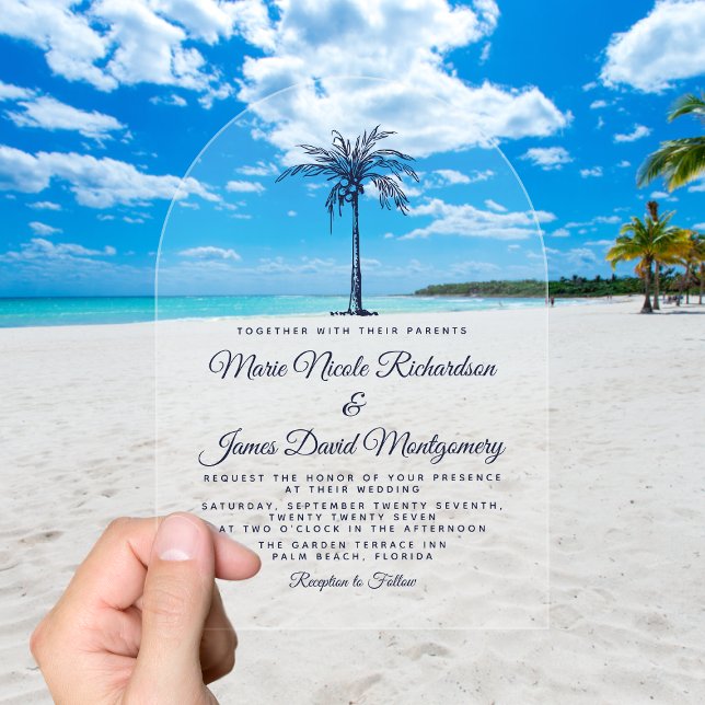 Invitaciones Acrílicas Elegante Boda de Playa Formal de la Marina Azul Pa (Elegant Tropical Navy Blue Palm Formal Beach Wedding Acrylic Invitations)