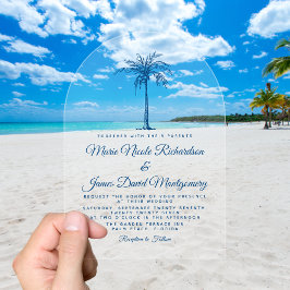 Invitaciones Acrílicas Elegante boda de playa formal de palma azul