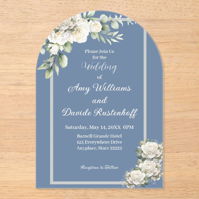 Invitaciones Acrílicas Elegante Boda de Rosas Blancas Dusty Azul (Anverso)