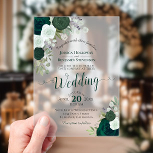 Invitaciones Acrílicas Elegante Boda de Rosas de color verde esmeralda