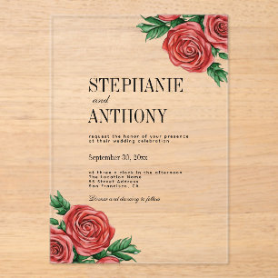 Invitaciones Acrílicas Elegante Boda de Rosas florales rojas y saladas