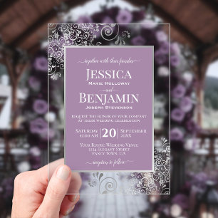 Invitaciones Acrílicas Elegante Boda de Texto con Lavanda y Plata