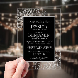 Invitaciones Acrílicas Elegante Boda de Texto con Negro y Plata