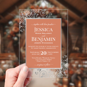 Invitaciones Acrílicas Elegante Boda de Texto con Terracota y Plata
