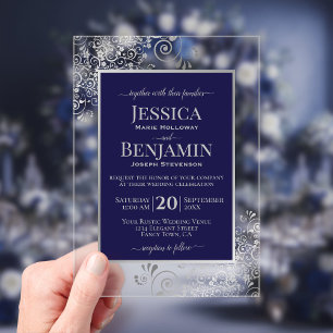 Invitaciones Acrílicas Elegante Boda de Texto Estilizado Azul Marino y Pl