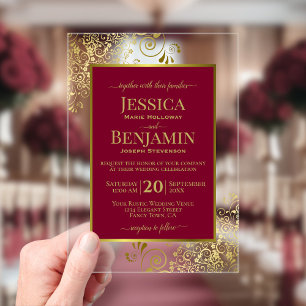 Invitaciones Acrílicas Elegante Boda de Texto Rojo Borgoña y Dorado