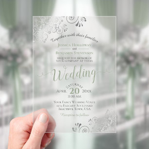 Invitaciones Acrílicas Elegante Boda de Verde Salvia y Caligrafía Platead