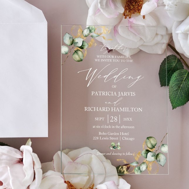 Invitaciones Acrílicas Elegante Boda de Verdor de Oro (Subido por el creador)