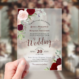 Invitaciones Acrílicas Elegante Boda del Boho de Rosas Rojas y Rosadas Bo