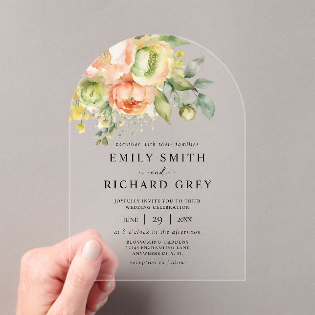 Invitaciones Acrílicas Elegante Boda del follaje floral Peach & Greenerat (Insitu (portátil))