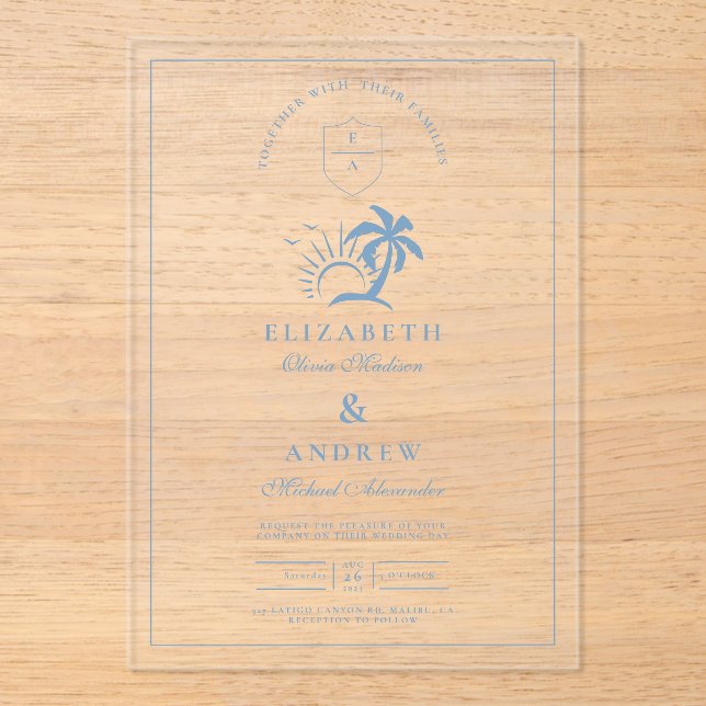 Invitaciones Acrílicas Elegante Boda dibujado a mano de árbol de palmeras (Anverso)