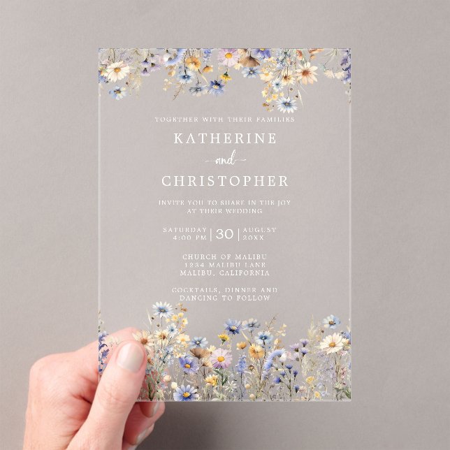 Invitaciones Acrílicas Elegante Boda Dusty Blue Wildflowers Clear (Insitu (portátil))