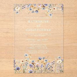 Invitaciones Acrílicas Elegante Boda Dusty Blue Wildflowers Clear