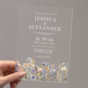 Invitaciones Acrílicas Elegante Boda Dusty Blue Wildflowers Clear
