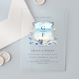 Invitaciones Acrílicas Elegante Boda Escudo de acuarela de playa Monogram