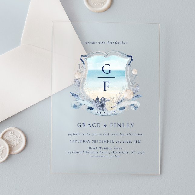 Invitaciones Acrílicas Elegante Boda Escudo de acuarela de playa Monogram (Subido por el creador)