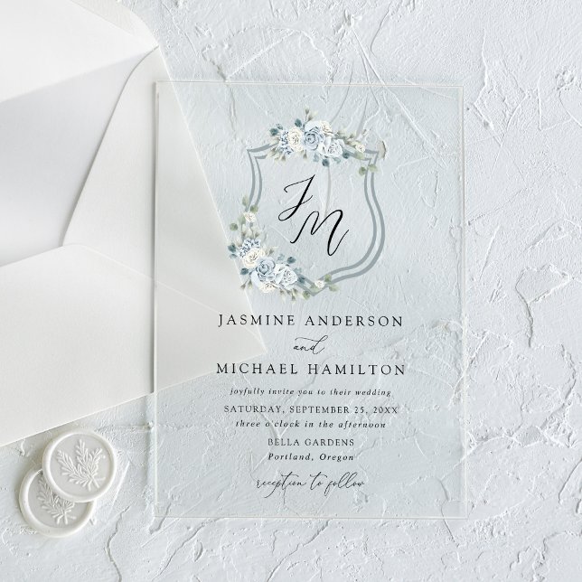 Invitaciones Acrílicas Elegante Boda Escudo de Floral Azul Dusty (Subido por el creador)