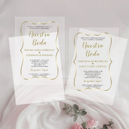 Invitaciones Acrílicas Elegante Boda Española Nuestra Caligrafía en Oro