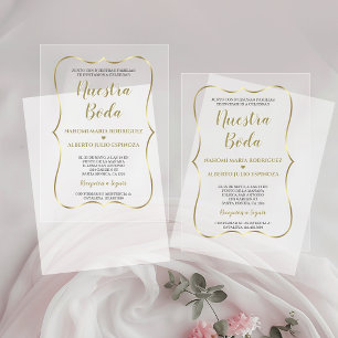 Invitaciones Acrílicas Elegante Boda Española Nuestra Caligrafía en Oro