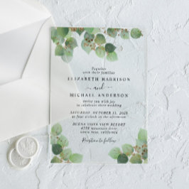 Invitaciones Acrílicas Elegante Boda Eucalyptus Gold Watercolor