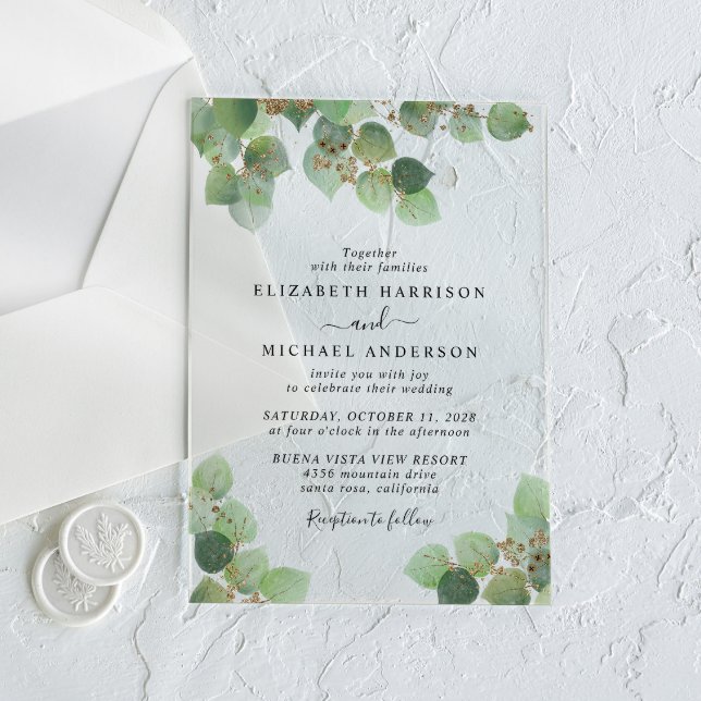 Invitaciones Acrílicas Elegante Boda Eucalyptus Gold Watercolor (Make your wedding day unforgettable with stunning acrylic invitations—modern, elegant, unique!)