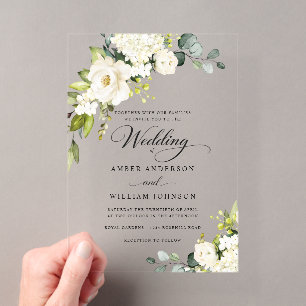 Invitaciones Acrílicas Elegante Boda Floral Acrílica Marfil Blanco