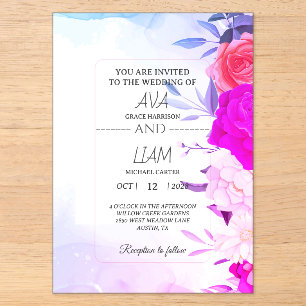 Invitaciones Acrílicas Elegante Boda Floral Acuarela Turquesa Azul 