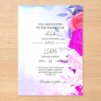 Invitaciones Acrílicas Elegante Boda Floral Acuarela Turquesa Azul