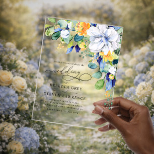 Invitaciones Acrílicas Elegante boda floral amarillo blanco azul
