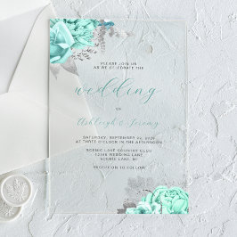 Invitaciones Acrílicas Elegante Boda Floral Aqua Silver Script