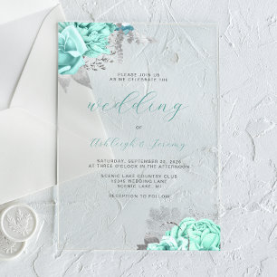 Invitaciones Acrílicas Elegante Boda Floral Aqua Silver Script