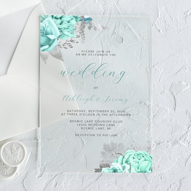Invitaciones Acrílicas Elegante Boda Floral Aqua Silver Script (Subido por el creador)