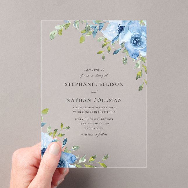 Invitaciones Acrílicas Elegante Boda Floral Azul (Insitu (portátil))