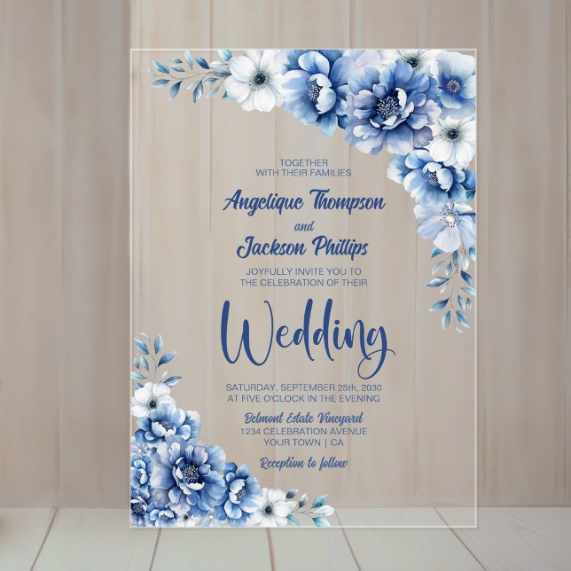 Invitaciones Acrílicas Elegante Boda floral azul (Subido por el creador)