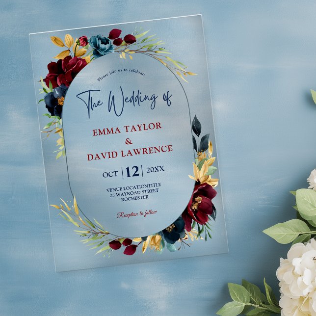 Invitaciones Acrílicas Elegante boda floral azul burdeos de la Marina (Subido por el creador)