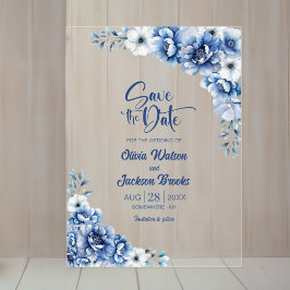 Invitaciones Acrílicas Elegante boda floral azul salva la fecha