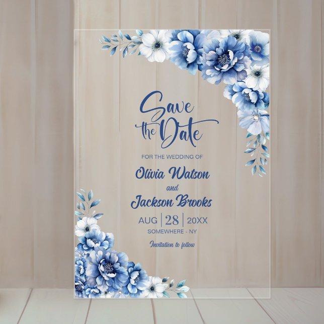 Invitaciones Acrílicas Elegante boda floral azul salva la fecha (Subido por el creador)