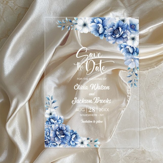 Invitaciones Acrílicas Elegante boda floral azul salva la fecha (Subido por el creador)