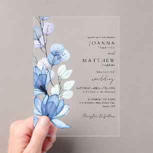 Invitaciones Acrílicas Elegante Boda floral azul transparente