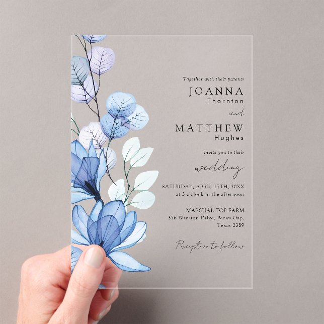 Invitaciones Acrílicas Elegante Boda floral azul transparente (Insitu (portátil))