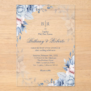 Invitaciones Acrílicas Elegante Boda floral azul y acuarela dorada