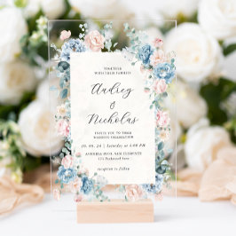 Invitaciones Acrílicas Elegante Boda floral azul y azul turbio