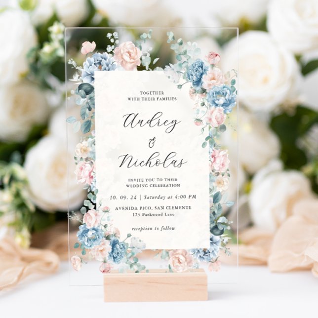 Invitaciones Acrílicas Elegante Boda floral azul y azul turbio (Subido por el creador)