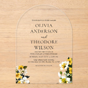 Invitaciones Acrílicas Elegante Boda floral blanco y amarillo